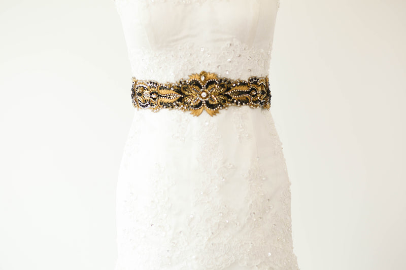 Black Bridal Belt, Black and Gold Bridal Sash Belt