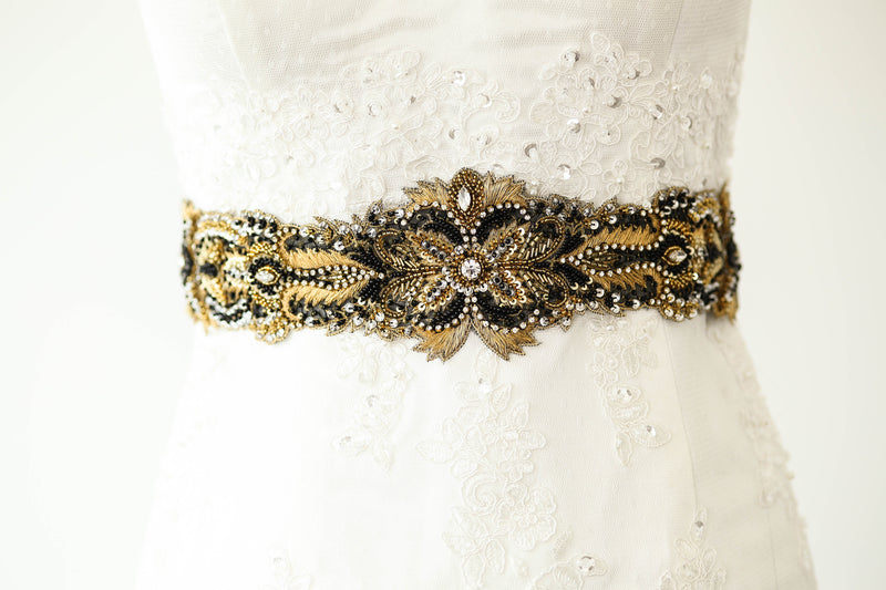 Black Bridal Belt, Black and Gold Bridal Sash Belt
