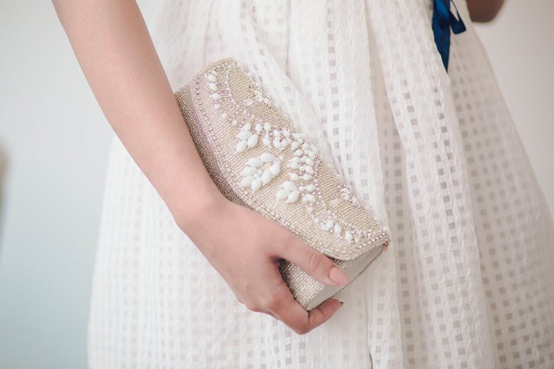 OFF WHITE Ovel Shape Zardosi With Mirror Work clutch purse for bridesmaid |  hand embroider wedding
